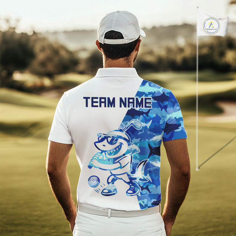 Custom Mens Golf Polo Shirt Funny Blue And White Shark Pattern Golf Shirts For Men NHN0002