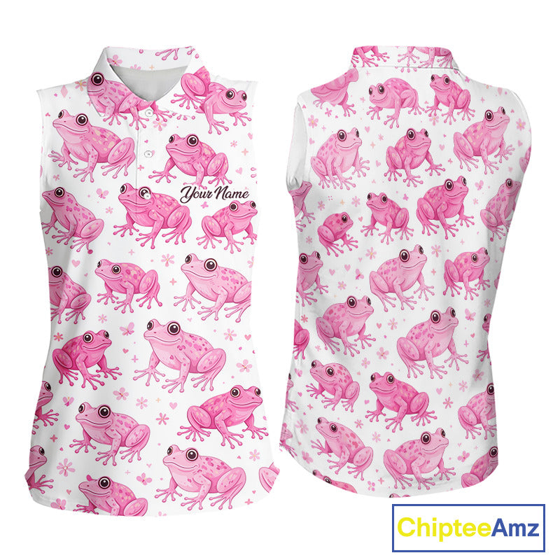 Funny Womens Sleeveless Golf Polo Shirt Custom Pink Frog Pattern Golf Attire For Ladies Golfer NHN0134