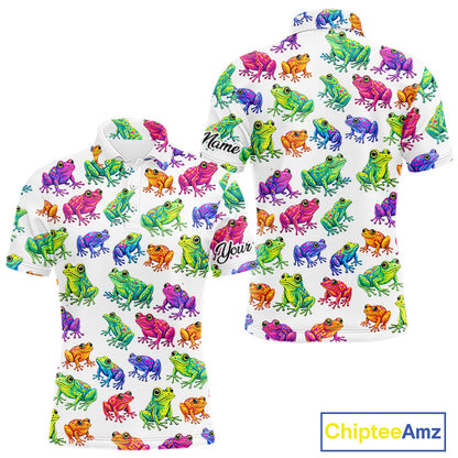 Funny Colorful Frog Pattern Mens Golf Polo Shirts Custom Watercolor Golf Attire For Men, Golf Gifts NHN0134