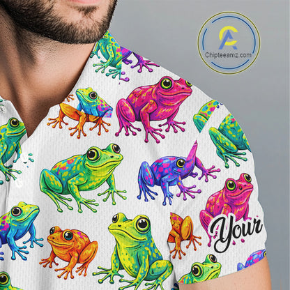 Funny Colorful Frog Pattern Mens Golf Polo Shirts Custom Watercolor Golf Attire For Men, Golf Gifts NHN0134
