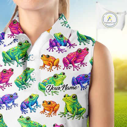 Funny Watercolor Womens Sleeveless Golf Polo Shirt Custom Colorful Frog Pattern Golf Attire NHN0134