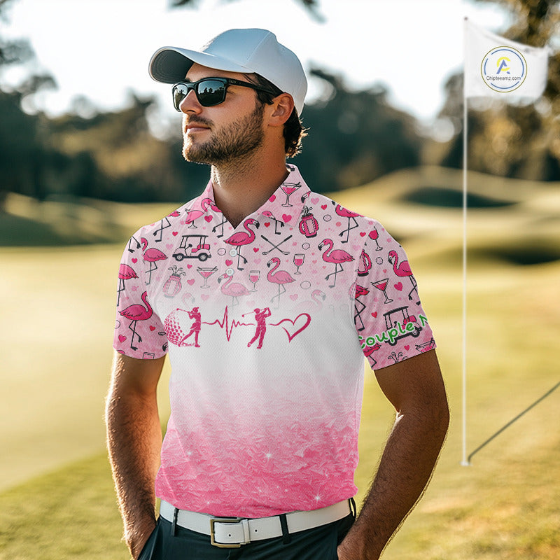 Pink Flamingo Heart Theme Matching Golf Polos For Couple Custom Couple Valentines Outfit NHN0145