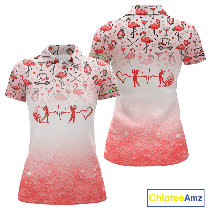 Red Flamingo Heart Theme Matching Golf Polo Shirt For Couple Custom Couple Valentines Outfit NHN0145