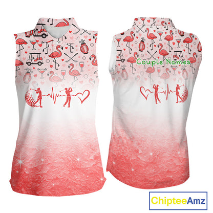 Red Flamingo Heart Theme Matching Sleeveless Golf Shirts For Couple Custom Couple Valentines Outfit NHN0145
