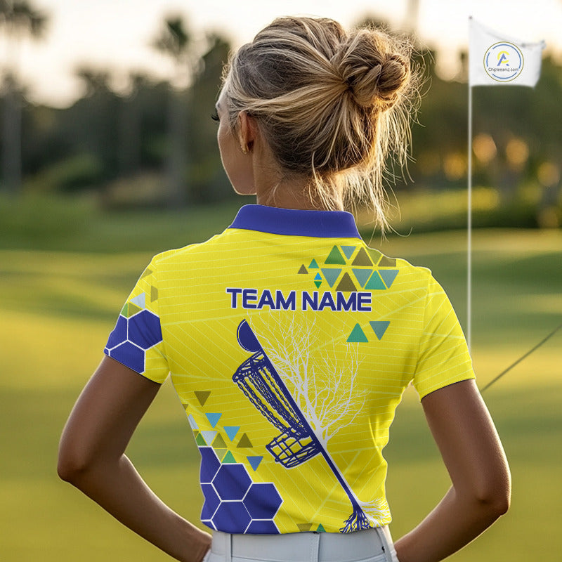 Blue And Yellow Hexagon Pattern Womens Disc Golf Polo Shirts Custom Team Disc Golf Jersey NHN0031