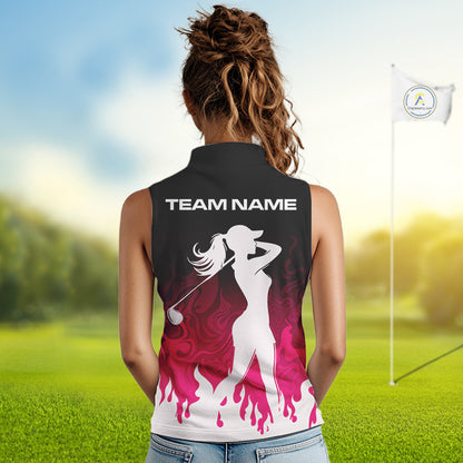 Pink Womens Sleeveless Golf Shirts Custom Name With Pink Flame Golf Ball Shirt For Women Personalized NHN0039