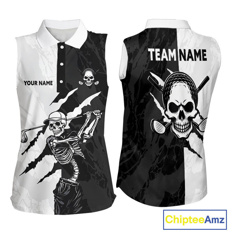 Funny Skull Golf Sleeveless Polo Shirt Custom Black And White Camo Pattern Golf Attire For Women NHN0047