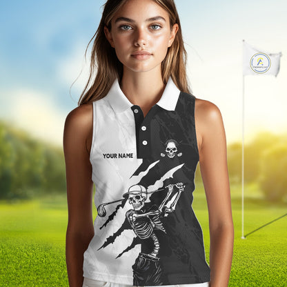 Funny Skull Golf Sleeveless Polo Shirt Custom Black And White Camo Pattern Golf Attire For Women NHN0047