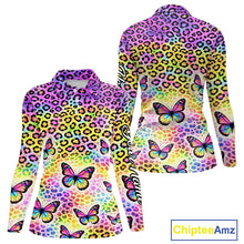 Load image into Gallery viewer, Womens Long Sleeve Golf Polo Shirt Colorful Rainbow Leopard Print Custom Butterfly Team Golf Tops NHN0180