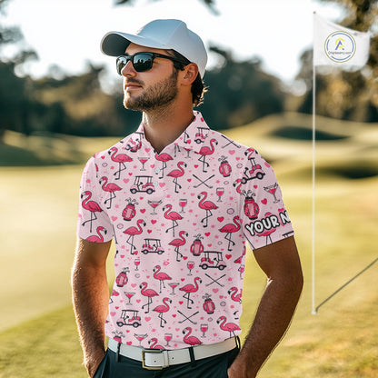 Funny Pink Flamingo Pattern Mens Golf Polo Shirt Custom Name Hawaiian Flamingo Golf Shirts NHN0191