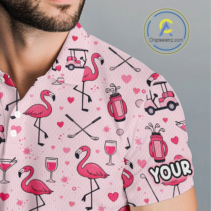 Funny Pink Flamingo Pattern Mens Golf Polo Shirt Custom Name Hawaiian Flamingo Golf Shirts NHN0191