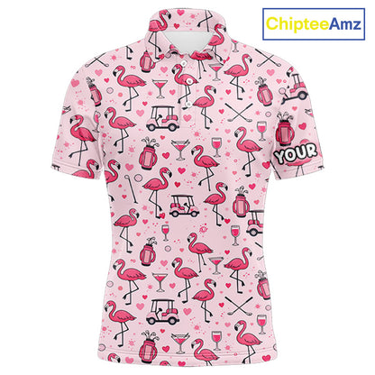 Funny Pink Flamingo Pattern Mens Golf Polo Shirt Custom Name Hawaiian Flamingo Golf Shirts NHN0191