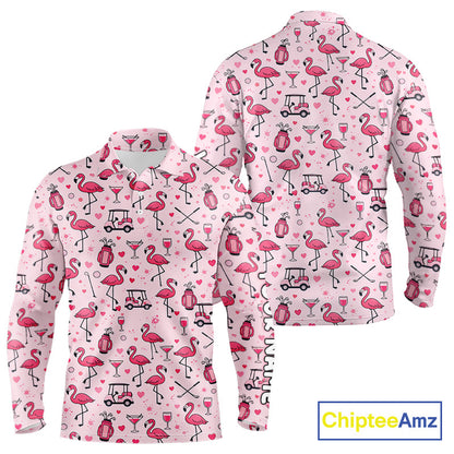 Funny Pink Flamingo Pattern Long Sleeve Golf Polo Shirt Custom Hawaiian Flamingo Golf Shirts NHN0191