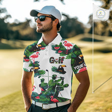 Load image into Gallery viewer, Funny Mens Golf Polo Shirt Custom Floral Tropical Leaf Pattern Flamingo Golf Shirt For Men NHN0193