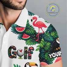 Load image into Gallery viewer, Funny Mens Golf Polo Shirt Custom Floral Tropical Leaf Pattern Flamingo Golf Shirt For Men NHN0193