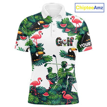 Load image into Gallery viewer, Funny Mens Golf Polo Shirt Custom Floral Tropical Leaf Pattern Flamingo Golf Shirt For Men NHN0193