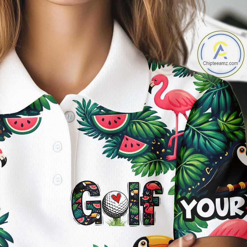 Funny Womens Golf Polo Shirt Custom Floral Tropical Pattern Flamingo Golf Shirts For Ladies NHN0193