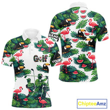 Load image into Gallery viewer, Funny Mens Golf Polo Shirt Custom Floral Tropical Leaf Pattern Flamingo Golf Shirt For Men NHN0193