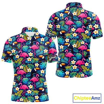 Mens Golf Polo Shirt Flamingo Floral Pattern, Colorful Tropical Leaves Custom Team Golf Shirt NHN0194