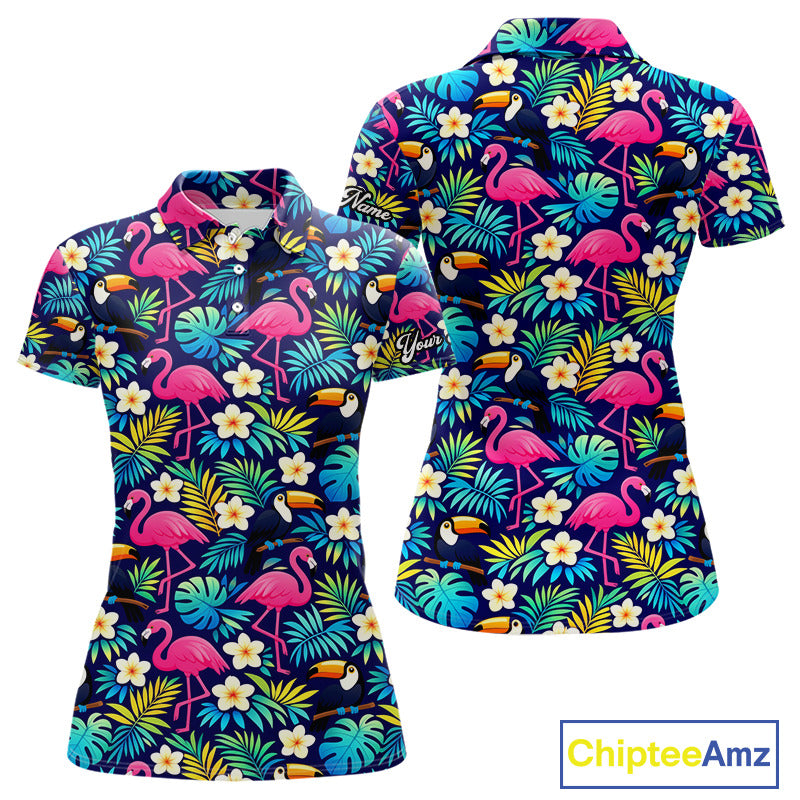 Womens Golf Polo Shirt Flamingo Floral Pattern, Colorful Tropical Leaves Custom Team Golf Shirt NHN0194