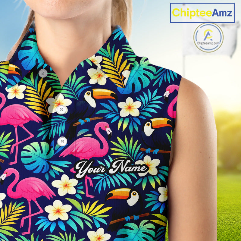 Womens Sleeveless Golf Polo Shirt Flamingo Floral Pattern, Custom Colorful Tropical Team Golf Shirt NHN0194