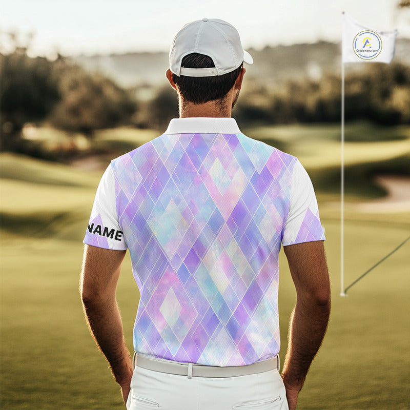 Violet And Blue Square Pattern Mens Golf Polo Shirt Custom Name Golf Tops For Men NHN0203