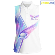 Load image into Gallery viewer, Womens Sleeveless Golf Polo Shirt Violet Square Plaid Pattern Custom Flame Golf Ball Golf Tops For Ladies NHN0204