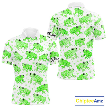 Funny Green Frog Pattern Mens Golf Polo Shirts Custom Golf Attire For Men, Golfer Gift NHN0134