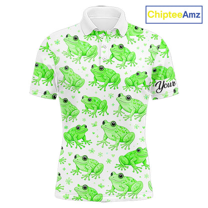 Funny Green Frog Pattern Mens Golf Polo Shirts Custom Golf Attire For Men, Golfer Gift NHN0134