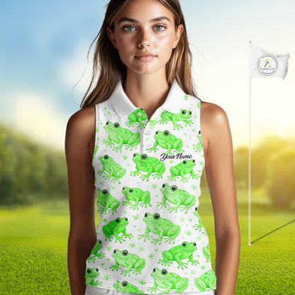 Funny Green Frog Pattern Womens Sleeveless Golf Polo Shirts Custom Golf Attire For Ladies , Golfer Gifts NHN0134