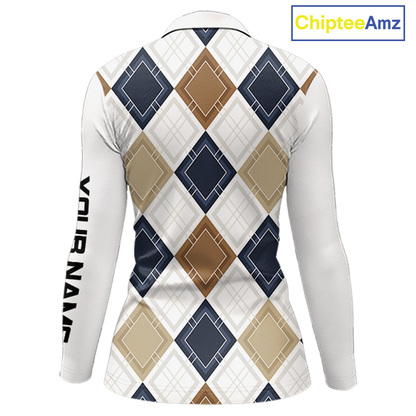 Plaid Womens Long Sleeve Golf Polo Shirt Custom Retro Argyle Pattern Team Golf Tops, Vintage Golf Gift NHN0216