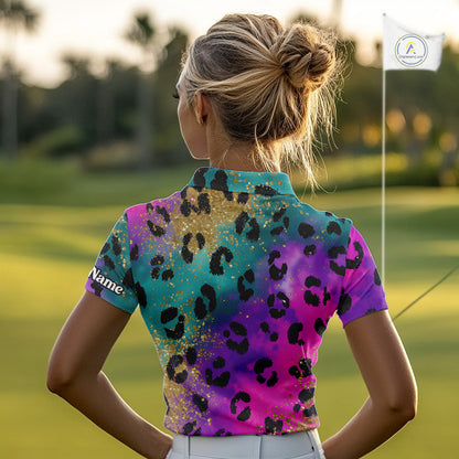 Leopard Womens Golf Polo Shirt Custom Colorful Neon Rainbow Leopard Pattern Team Golf Top, Golf Gifts NHN0217