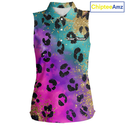 Womens Sleeveless Golf Polo Shirt Custom Colorful Neon Rainbow Leopard Pattern Team Golf Tops NHN0217