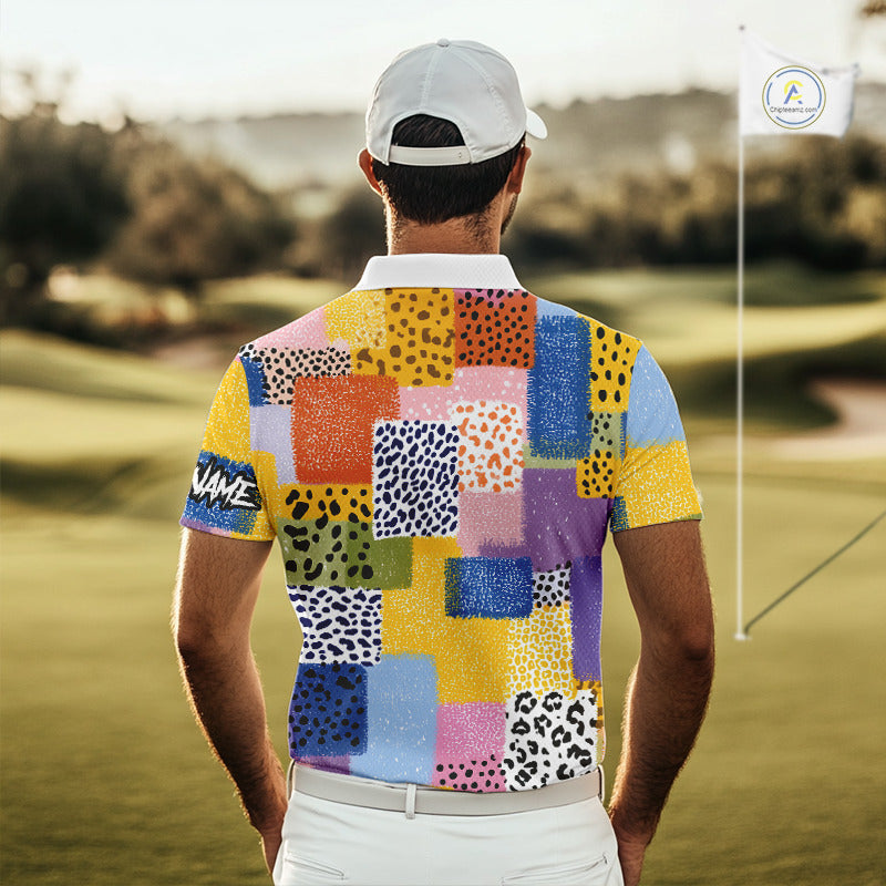 Funny Plaid Mens Golf Polo Shirt Custom Colorful Leopard Square Pattern Team Golf Tops, Golf Gifts NHN0218