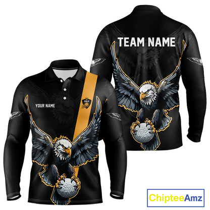 Long Sleeve Golf Polo Shirt Custom Eagle Golf Attire For Men, Black & Yellow Team Golf Top NHN0083