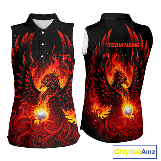 Womens Sleeveless Golf Polo Shirt Custom Phoenix Red Flame Team Golf Tops, Black Golf Outfit For Ladies NHN0084