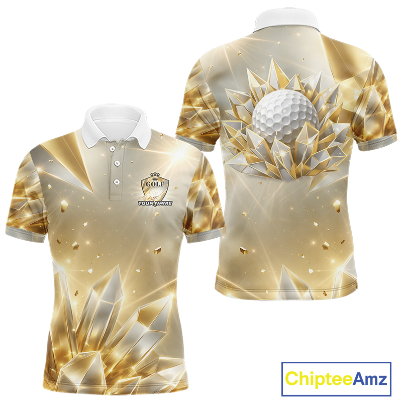 Mens Golf Polo Shirt Custom Gold Diamond Crystal Golf Ball Custom Name Golf Shirts For Team NHN0220