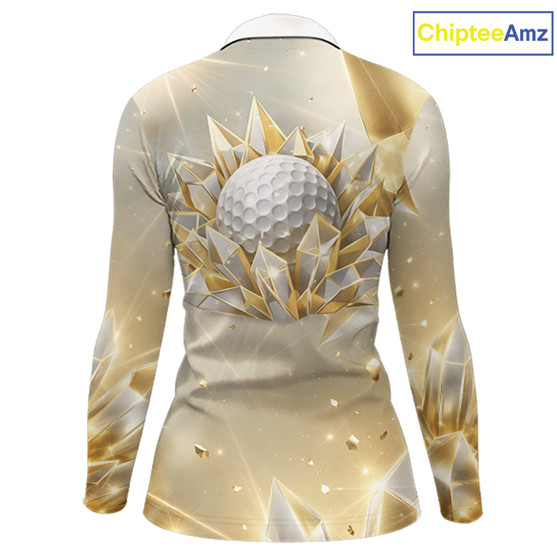 Womens Long Sleeve Golf Polo Shirt Custom Gold Diamond Crystal Golf Ball Custom Name Team Golf Shirts NHN0220