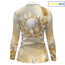 Load image into Gallery viewer, Womens Long Sleeve Golf Polo Shirt Custom Gold Diamond Crystal Golf Ball Custom Name Team Golf Shirts NHN0220