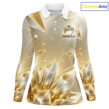 Load image into Gallery viewer, Womens Long Sleeve Golf Polo Shirt Custom Gold Diamond Crystal Golf Ball Custom Name Team Golf Shirts NHN0220