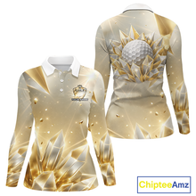 Load image into Gallery viewer, Womens Long Sleeve Golf Polo Shirt Custom Gold Diamond Crystal Golf Ball Custom Name Team Golf Shirts NHN0220