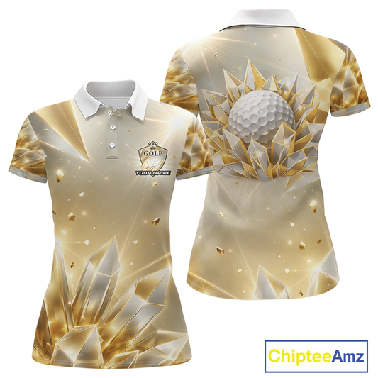 Womens Golf Polo Shirt Custom Gold Diamond Crystal Golf Ball Custom Name Golf Shirts For Team NHN0220
