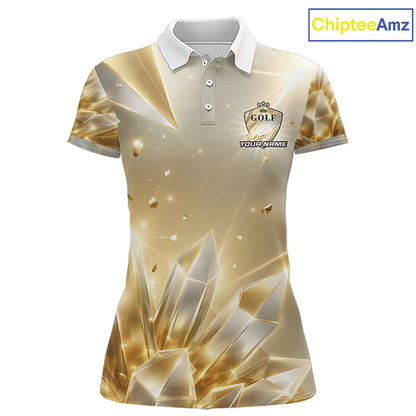 Womens Golf Polo Shirt Custom Gold Diamond Crystal Golf Ball Custom Name Golf Shirts For Team NHN0220