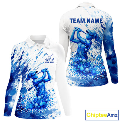 Golf Polo Shirts, Womens Long Sleeve Golf Polo Shirt Blue Painting Golfer Custom Team Golf Shirt NHN0090