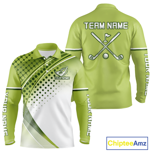 Mens Long Sleeve Golf Polo Shirt Custom Green & White Golf Shirts For Team Personalized Golf Gifts NHN0096