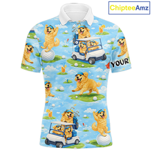 Load image into Gallery viewer, Mens Golf Polo Shirt Custom Funny Golden Retriever Blue Pattern Team Golf Tops, Dog Lover Gift NHN0225