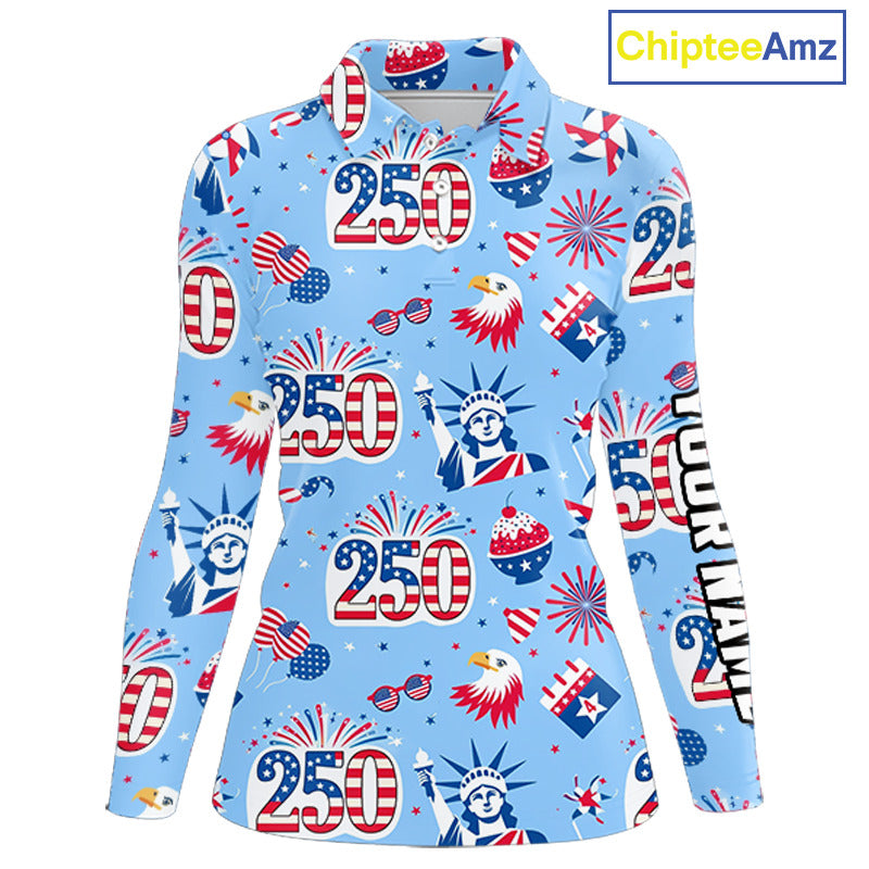 America 250th Anniversary Womens Long Sleeve Golf Polo Shirt, Patriotic USA Golf Shirts, Golf Gift NHN0232