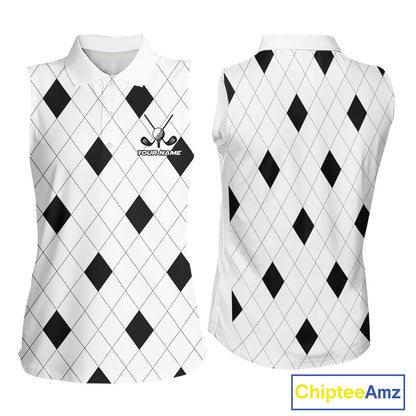 Argyle Womens Sleeveless Golf Polo Shirt Custom Name, Personalized Plaid Golf Shirts For Ladies NHN0120