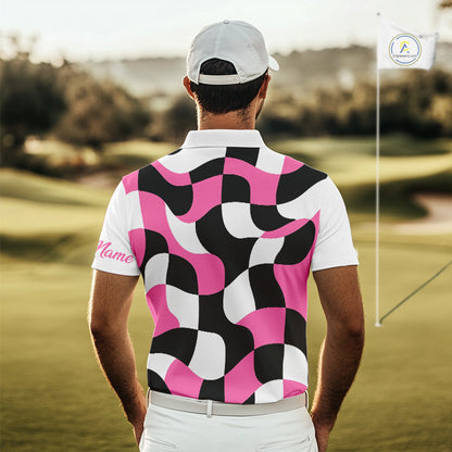 Mens Golf Polo Shirt Custom Pink Checkerboard Argyle Pattern Golf Attire For Men, Golf Gifts NHN0124