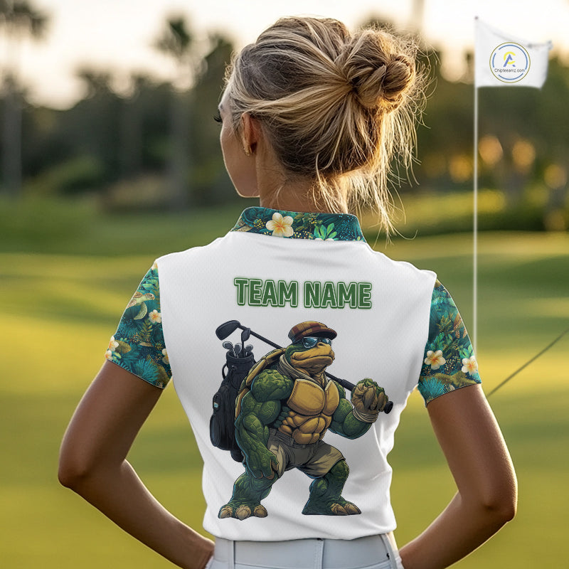 Funny Womens Golf Polo Shirt Custom Green Tropical Leaf Pattern Personalized Turtle Golf Shirts For Women NHN0003